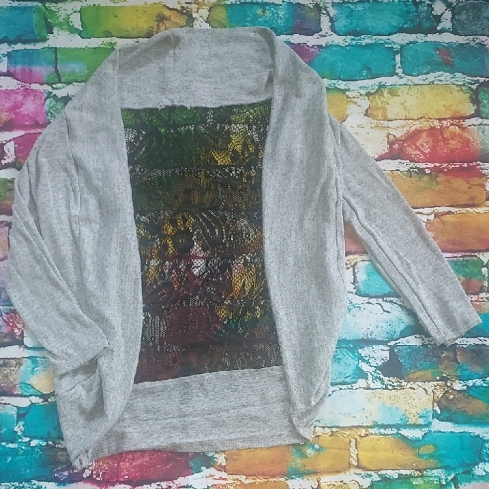 Gray Open-Front Sweater with Black Lace Back